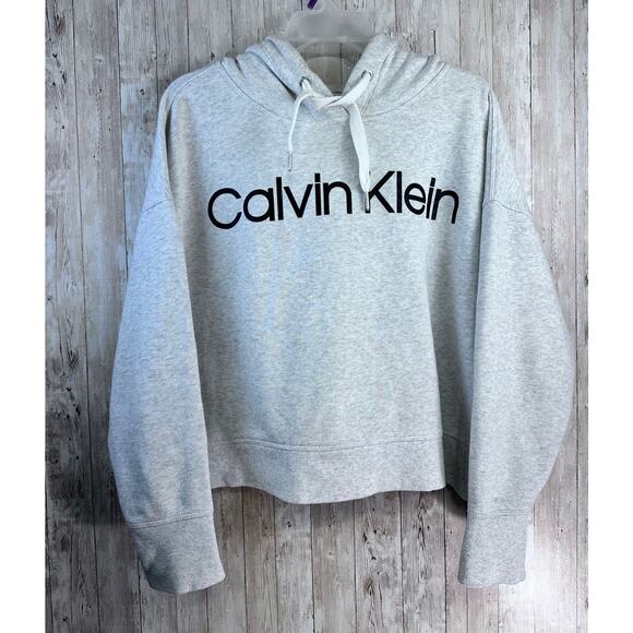 Calvin Klein Performance Sweatshirt XL Gray Graphic Print Cropped Fleece Hoodie - Picture 1 of 8
